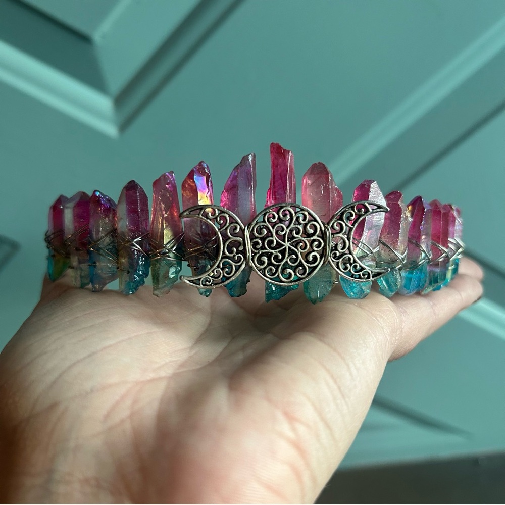 Natural Gemstone Colorful Aura Moon Witch Crystal Crown Headband Tiara Hair Band - Picture 2 of 7